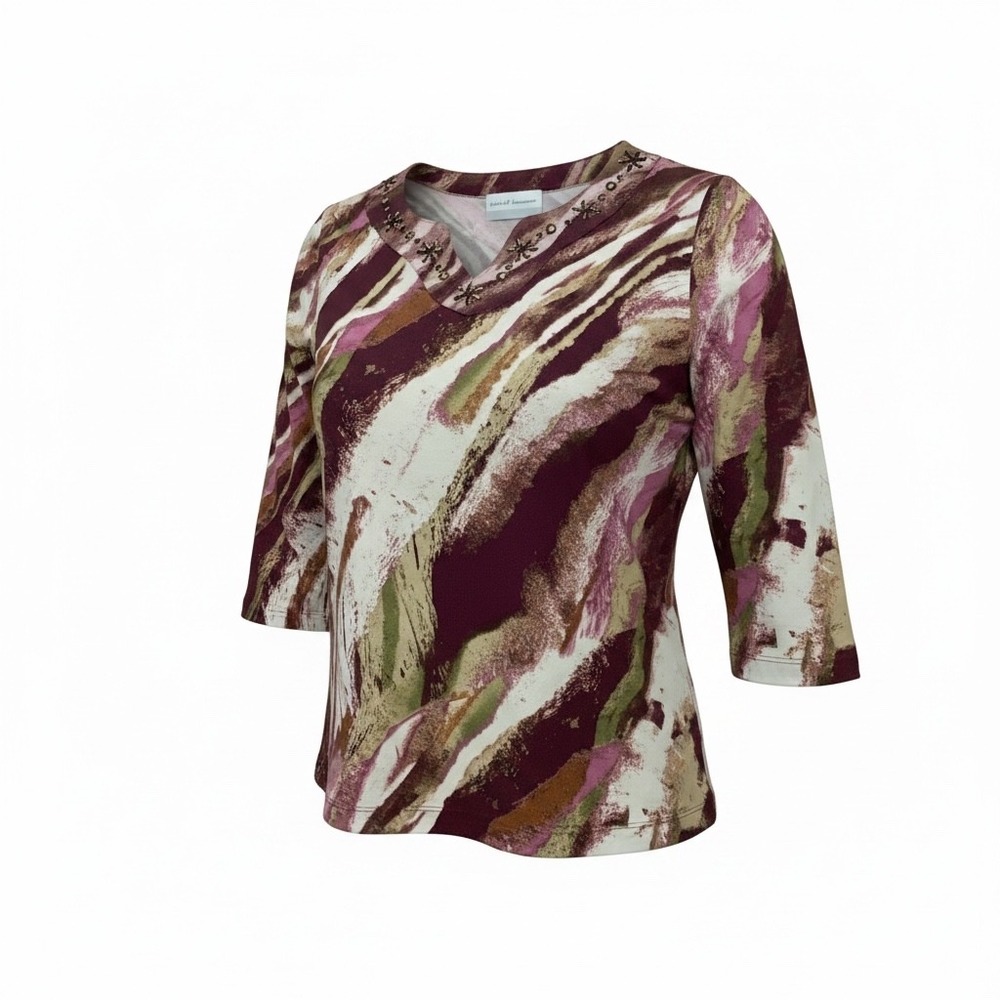 Alfred Dunner Petite Top PS Burgundy Abstract Print Beaded V-Neck 3/4 Sleeve